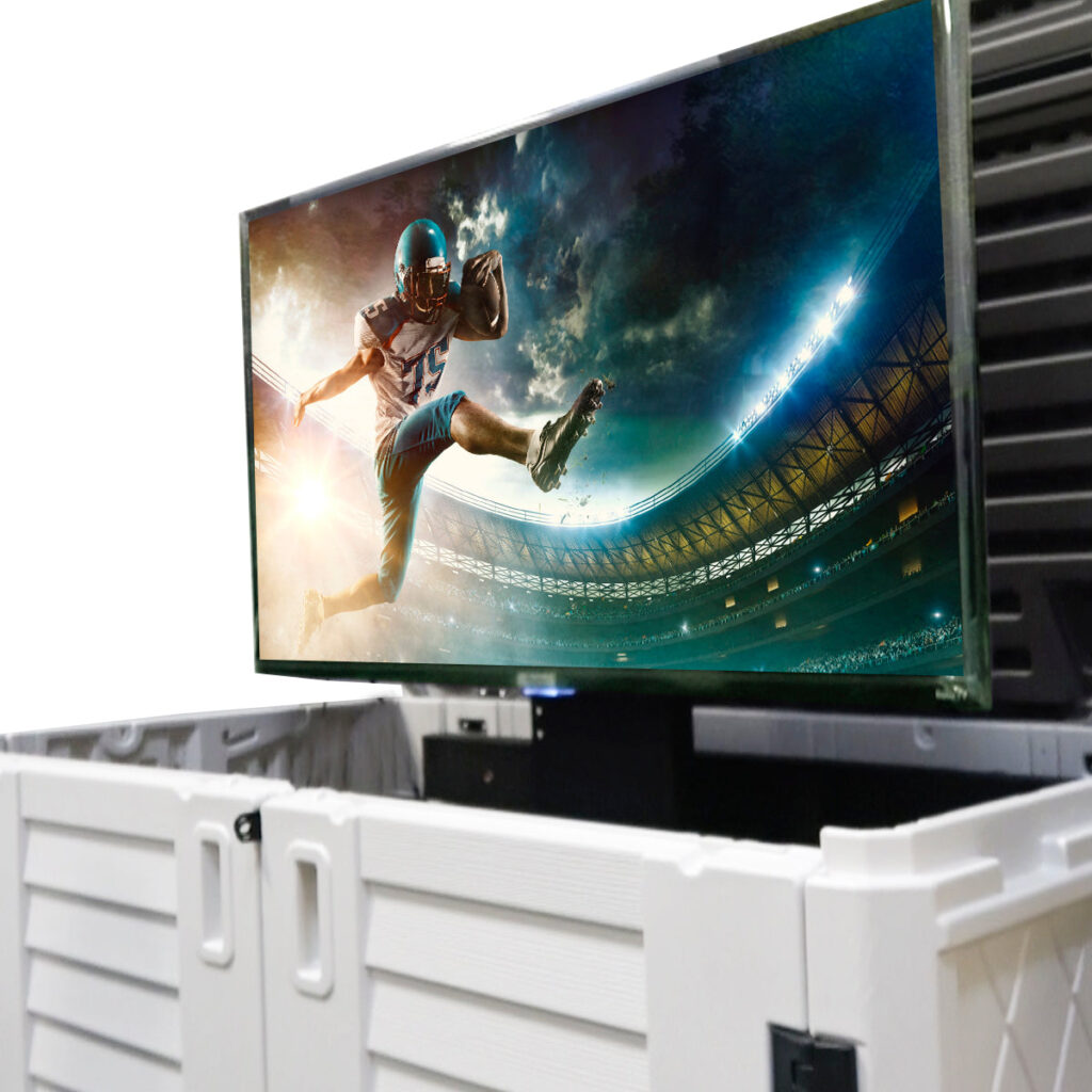 MirageVision outdoor TV rising from a lift cabinet